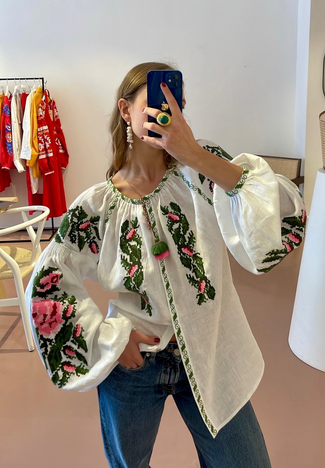 Claire White Blouse with Green Embroidery by FOBERINI on curated-crowd.com
