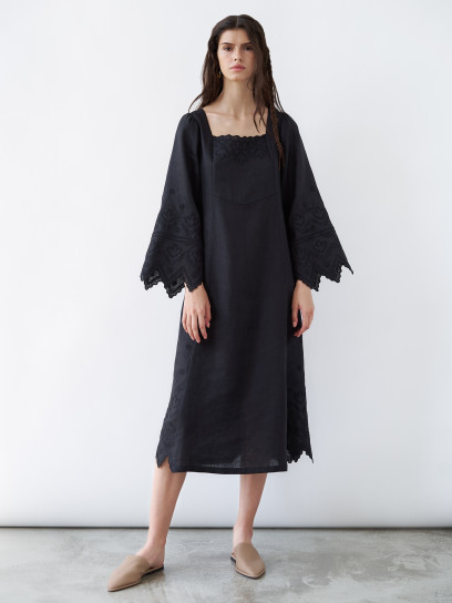 Linen Embroidered Dress 'Nizhnist' Black by Etnodim on curated-crowd.com