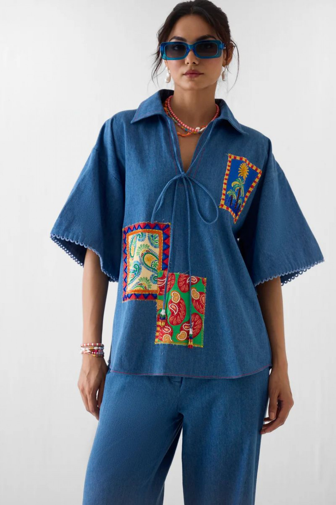 Indigo Patchwork Shirt & Trousers Co-ord by Studio Rigu on curated-crowd.com