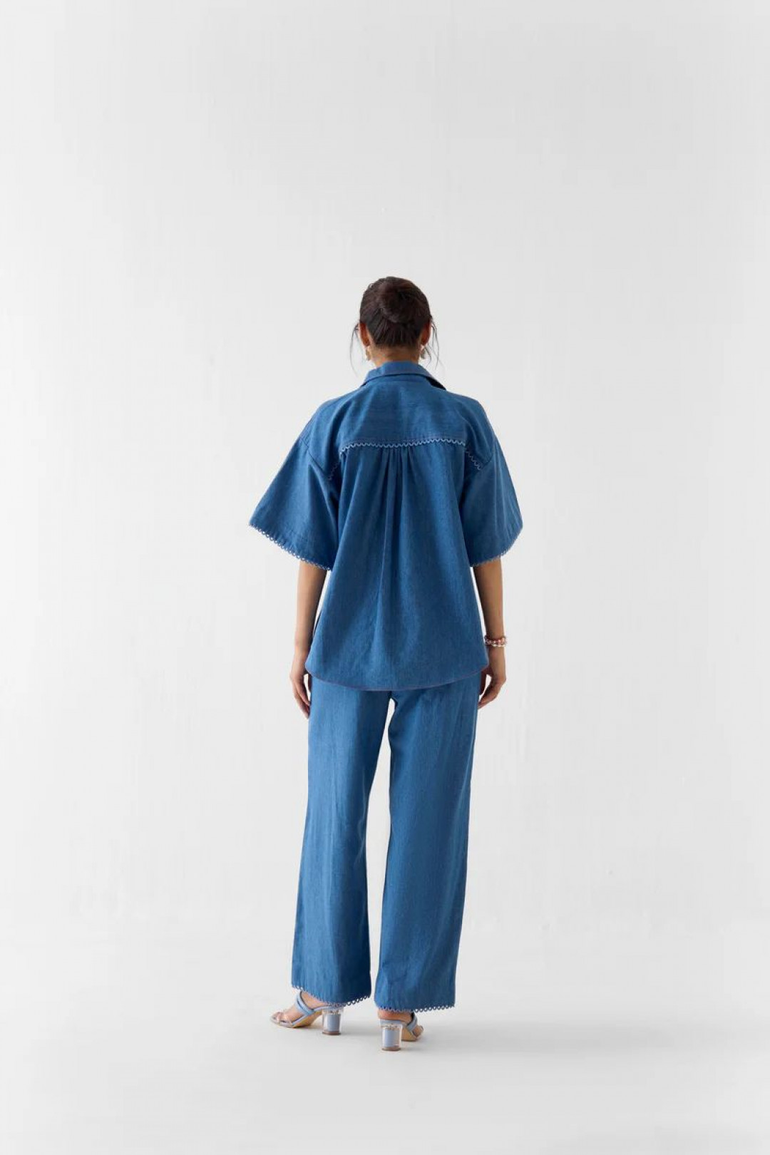 Indigo Patchwork Shirt & Trousers Co-ord by Studio Rigu on curated-crowd.com