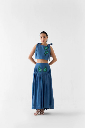 Indigo Crop Top & Gathered Skirt Co-ord by Studio Rigu on curated-crowd.com