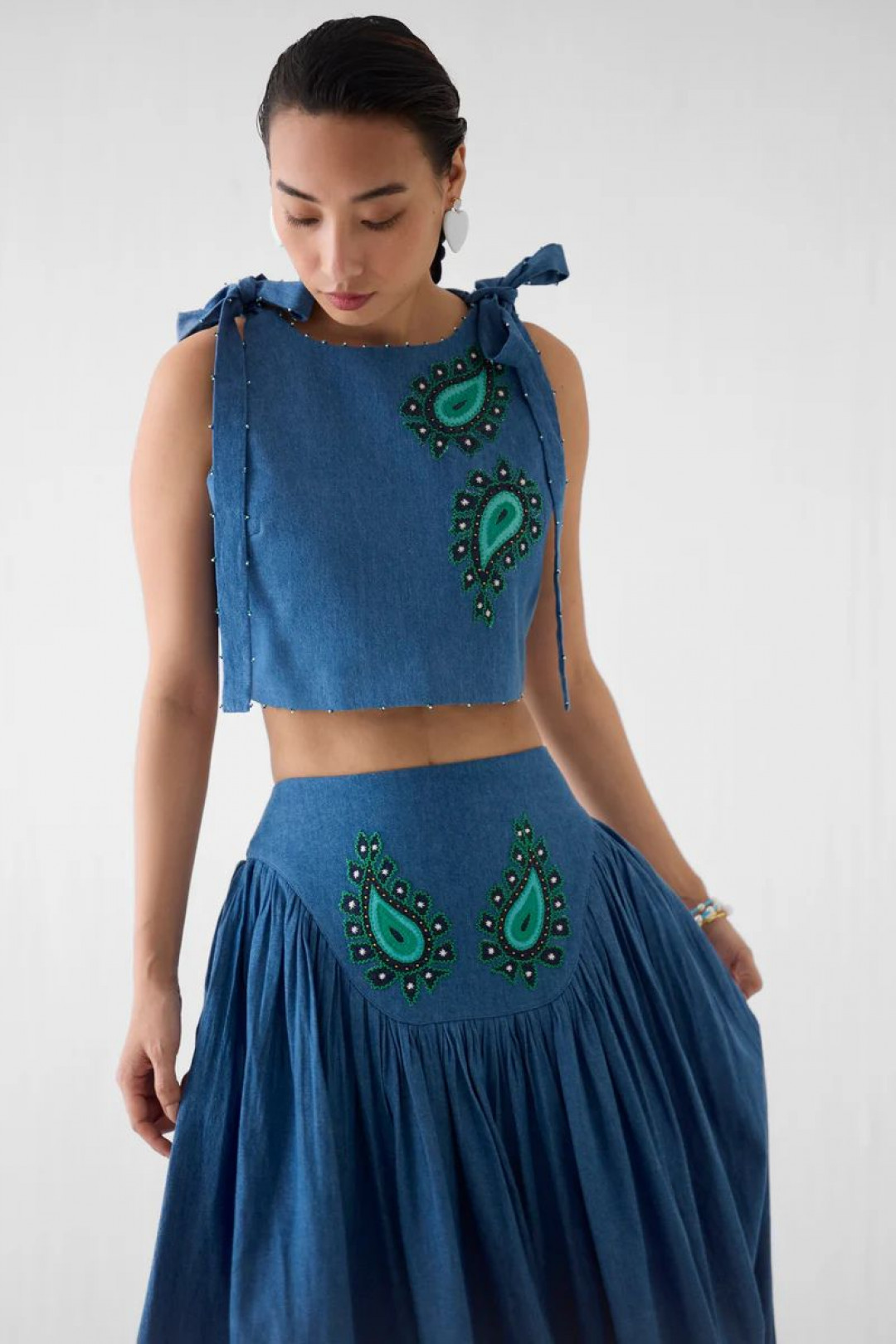 Indigo Crop Top & Gathered Skirt Co-ord by Studio Rigu on curated-crowd.com