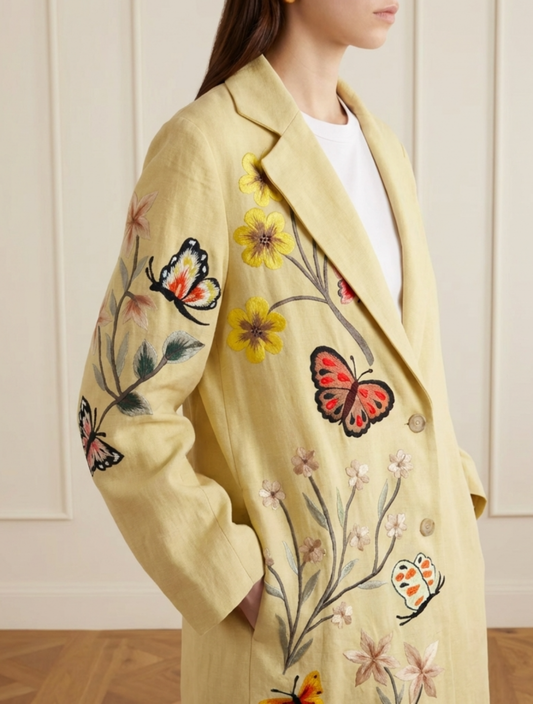 Butterfly Bouquet Coat In Linen by Artwear Gallery on curated-crowd.com