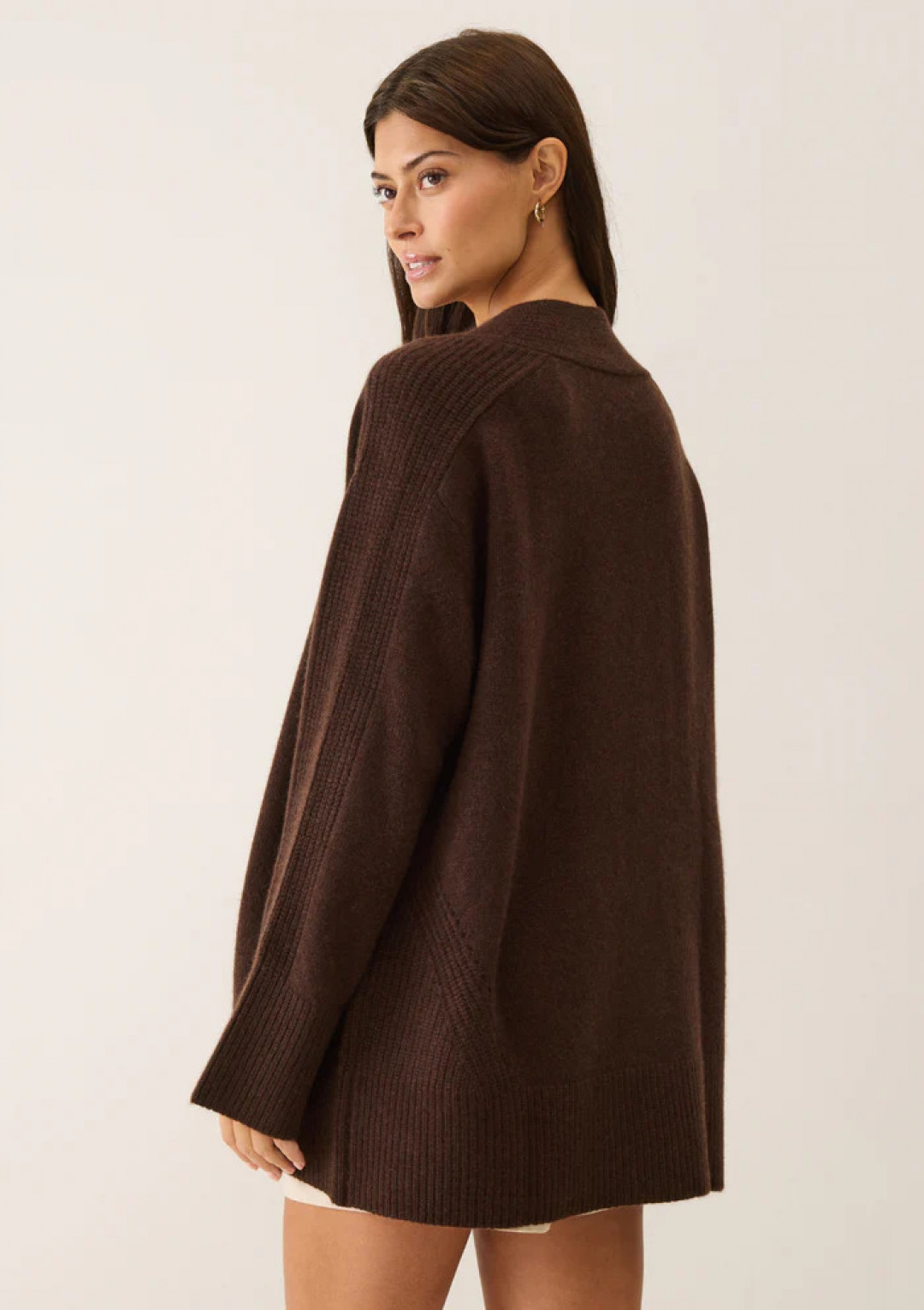 Ribbed Detail Edge to Edge Cardigan in Americano Brown by LOOP Cashmere on curated-crowd.com