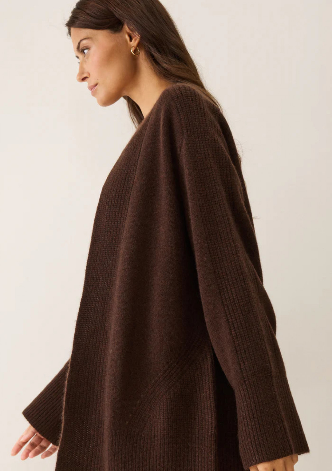 Ribbed Detail Edge to Edge Cardigan in Americano Brown by LOOP Cashmere on curated-crowd.com