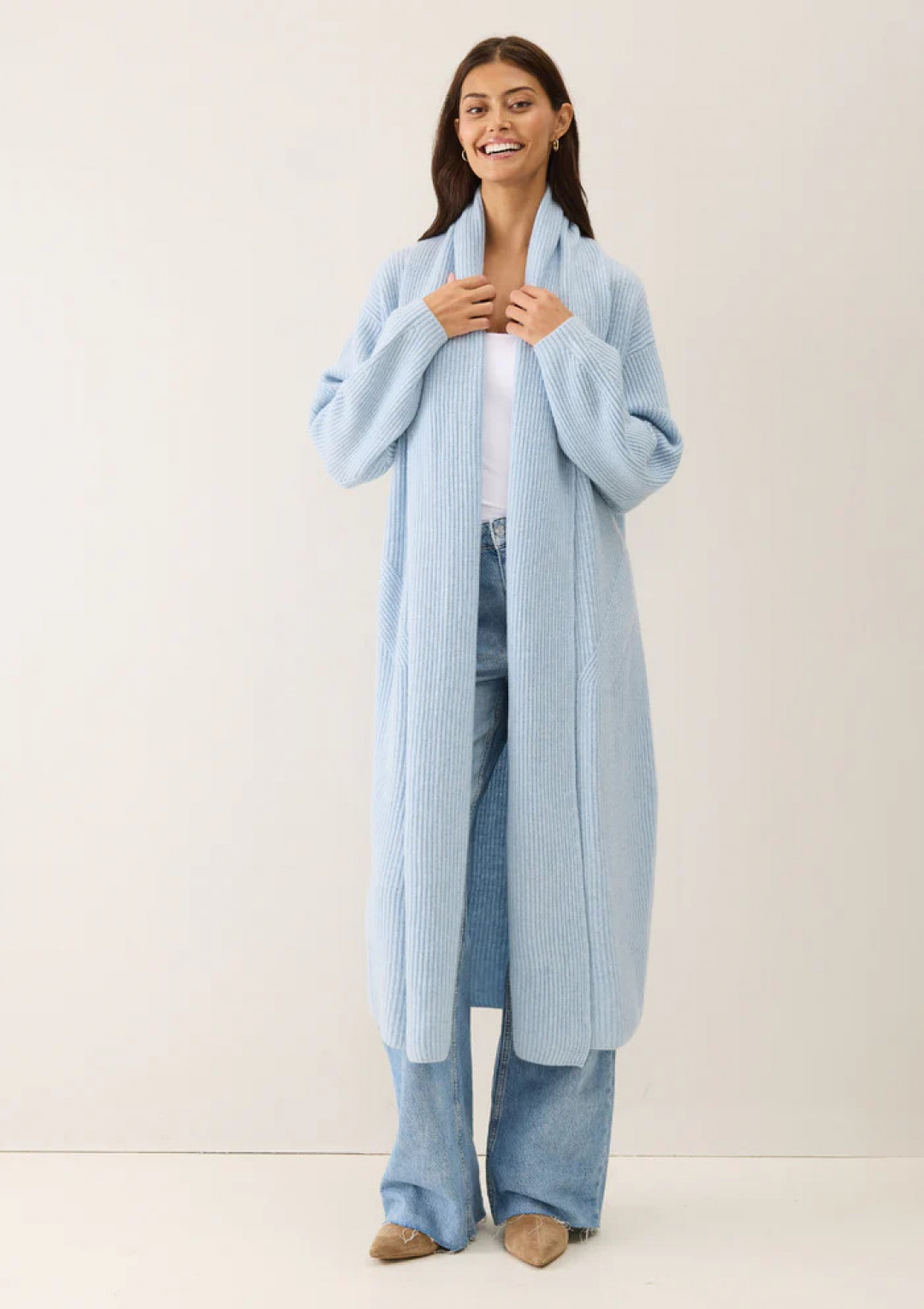Ribbed Cashmere Coatigan in Skyway Blue by LOOP Cashmere on curated-crowd.com
