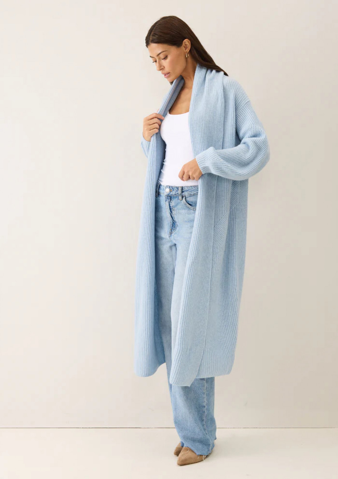 Ribbed Cashmere Coatigan in Skyway Blue by LOOP Cashmere on curated-crowd.com