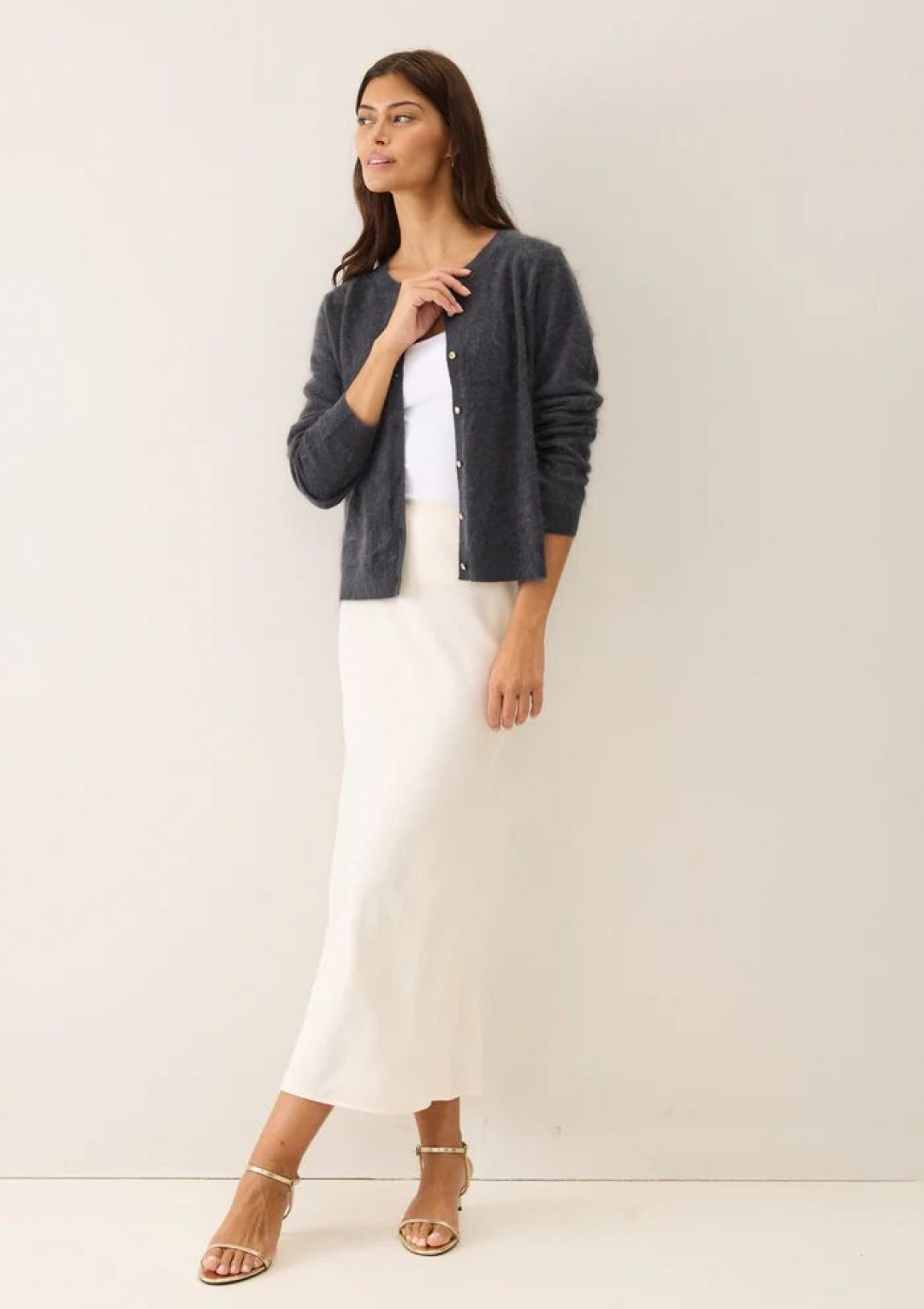 Brushed Cashmere Cardigan with Jewelled Buttons in Universe Grey by LOOP Cashmere on curated-crowd.com
