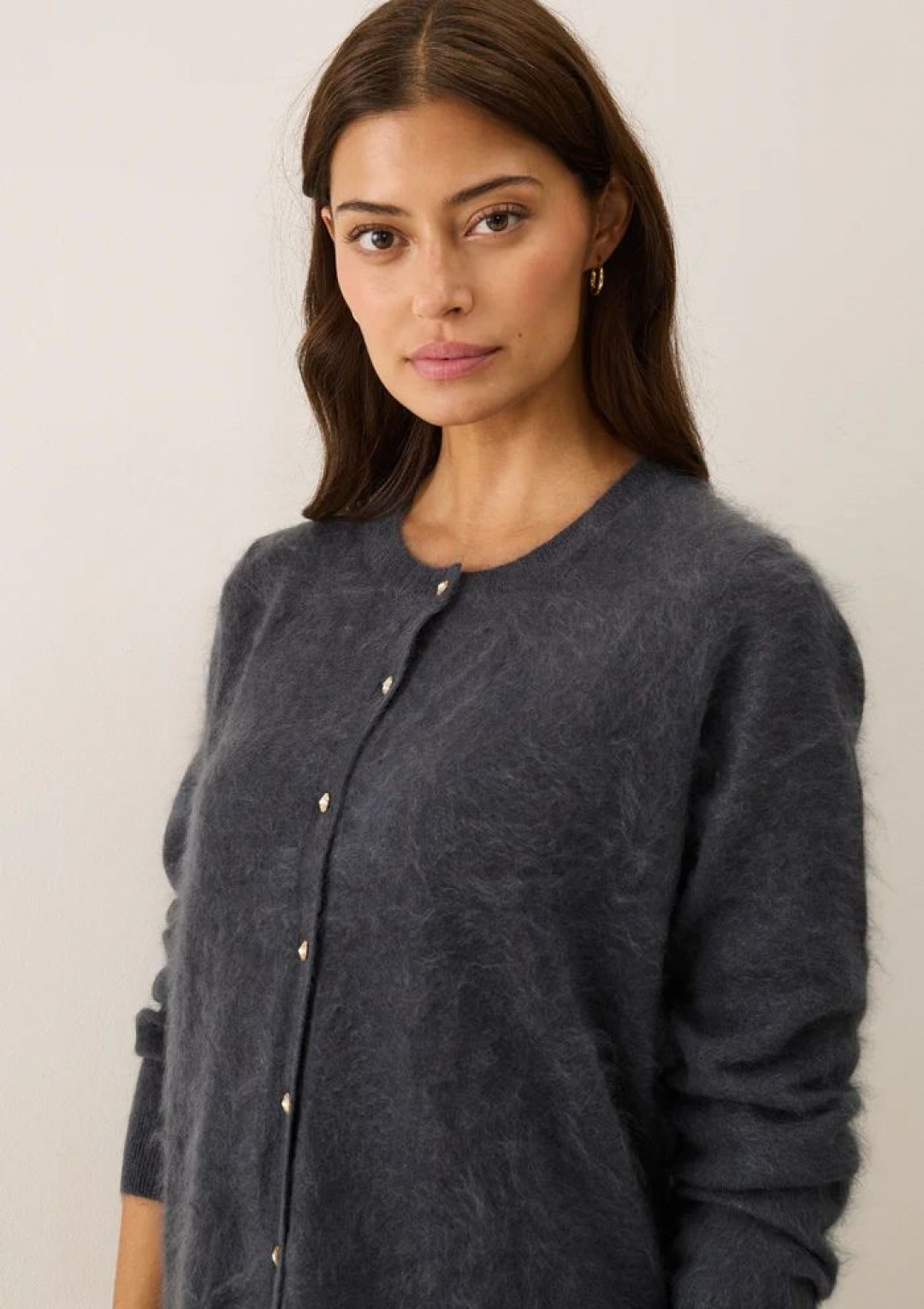 Brushed Cashmere Cardigan with Jewelled Buttons in Universe Grey by LOOP Cashmere on curated-crowd.com
