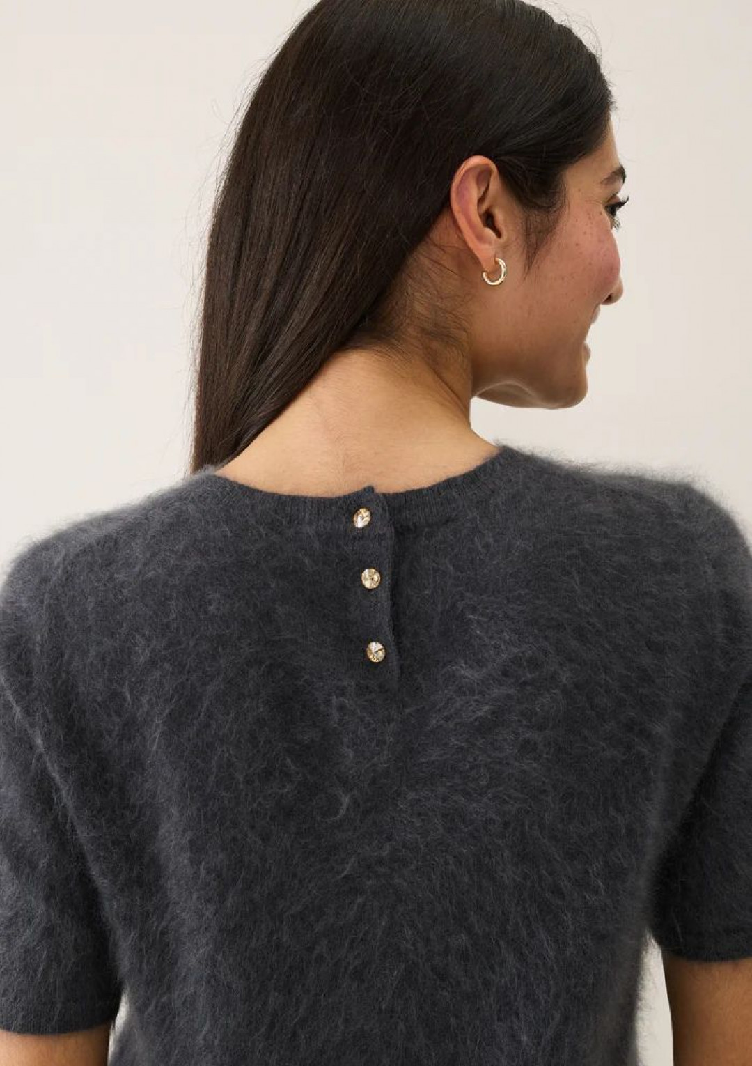 Short-Sleeved Brushed Cashmere Sweater with Jewelled Buttons in Universe Grey by LOOP Cashmere on curated-crowd.com
