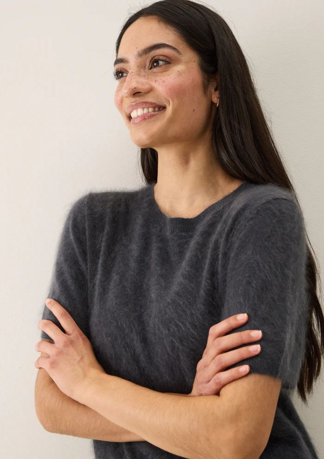 Short-Sleeved Brushed Cashmere Sweater with Jewelled Buttons in Universe Grey by LOOP Cashmere on curated-crowd.com