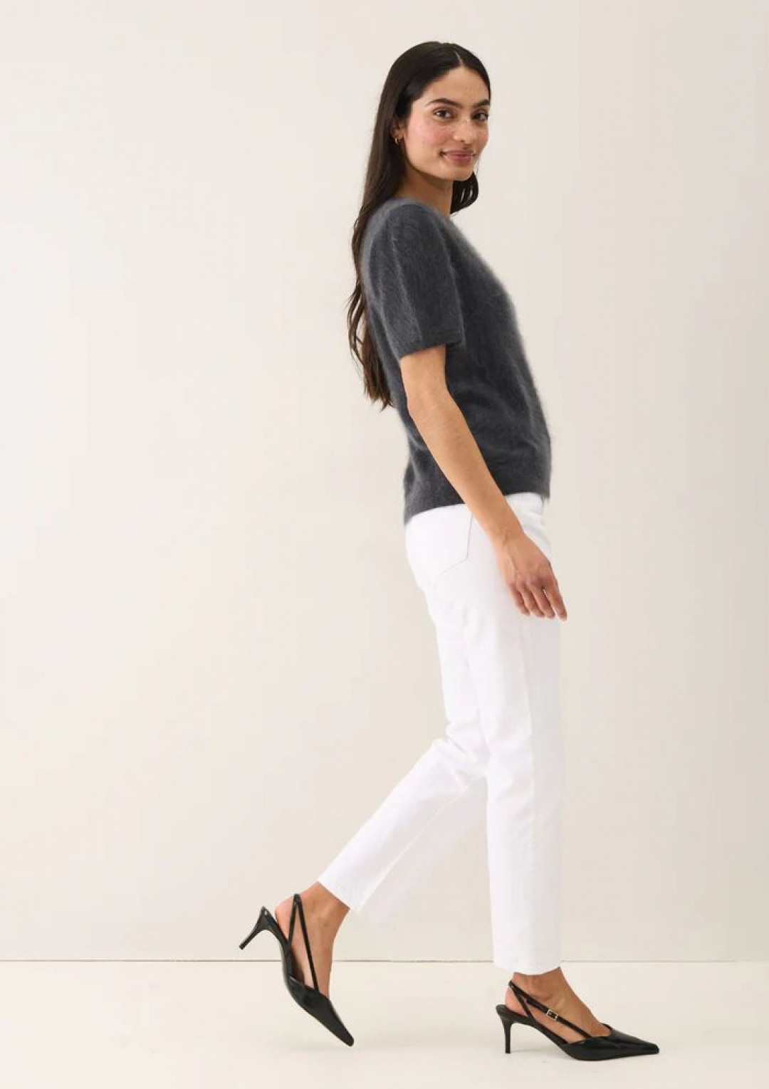 Short-Sleeved Brushed Cashmere Sweater with Jewelled Buttons in Universe Grey by LOOP Cashmere on curated-crowd.com