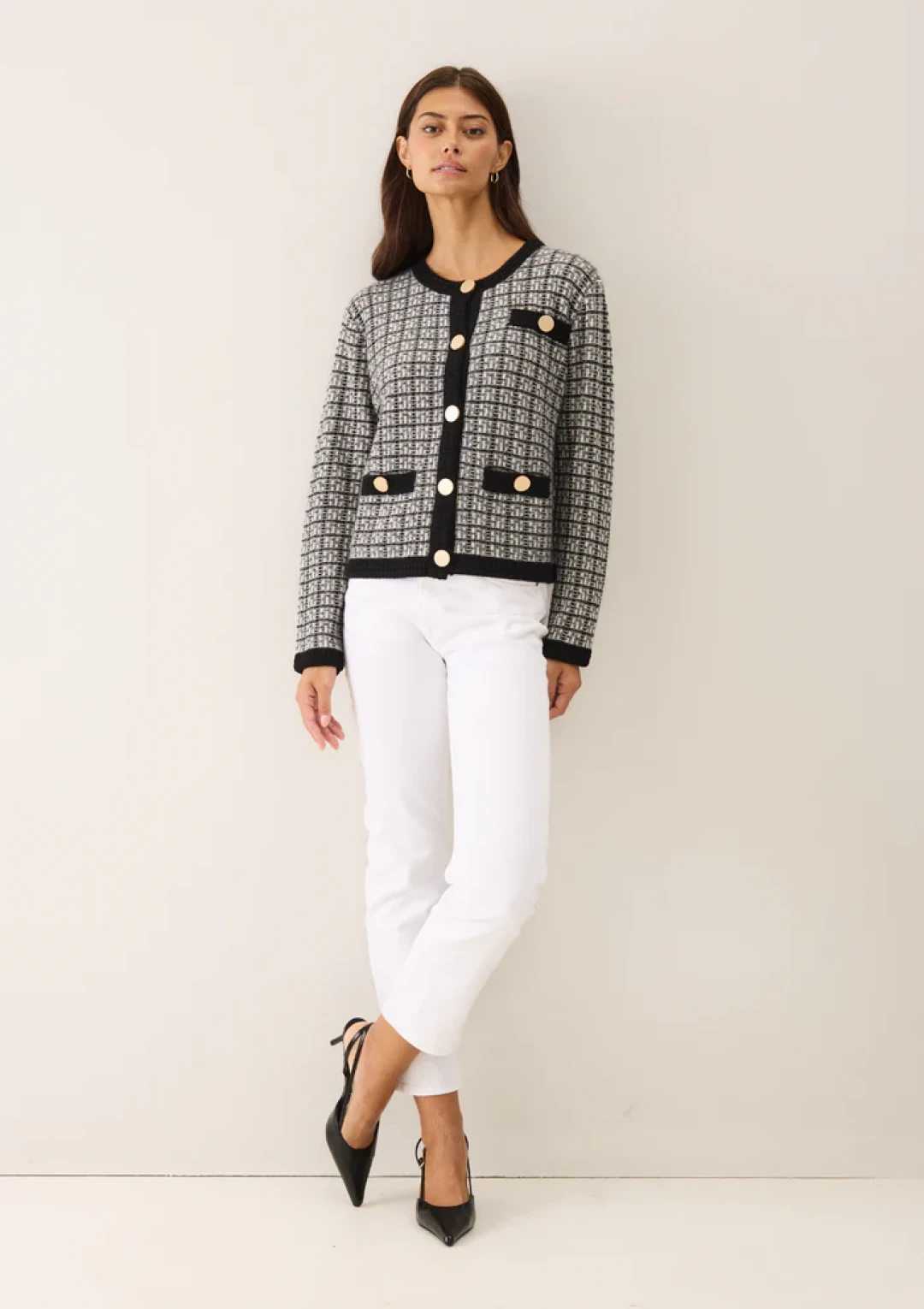Textured Cashmere Crew Jacket in Black Check by LOOP Cashmere on curated-crowd.com