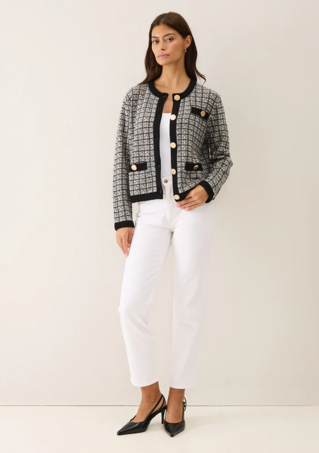Textured Cashmere Crew Jacket in Black Check by LOOP Cashmere on curated-crowd.com