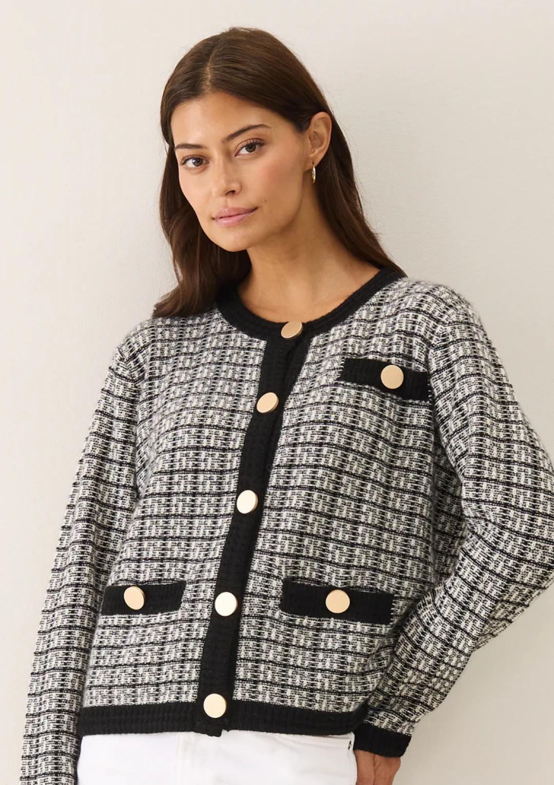 Textured Cashmere Crew Jacket in Black Check by LOOP Cashmere on curated-crowd.com