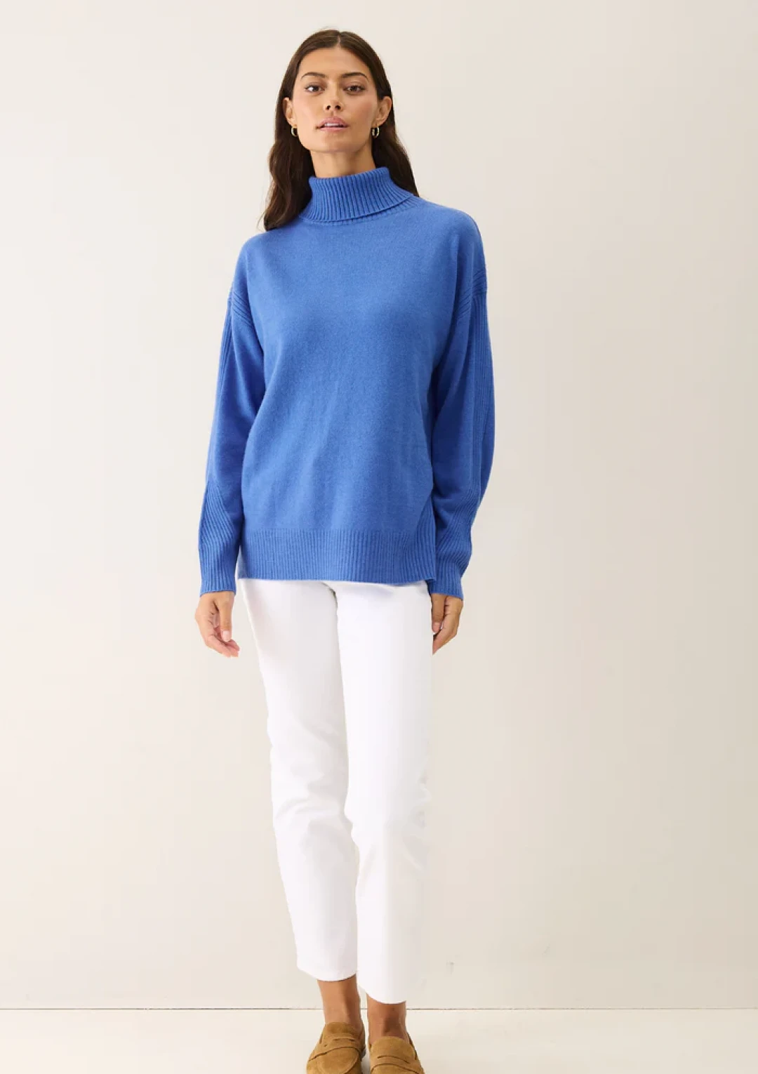 Chevron Detail Relaxed Polo Sweater in Lake Blue by LOOP Cashmere on curated-crowd.com