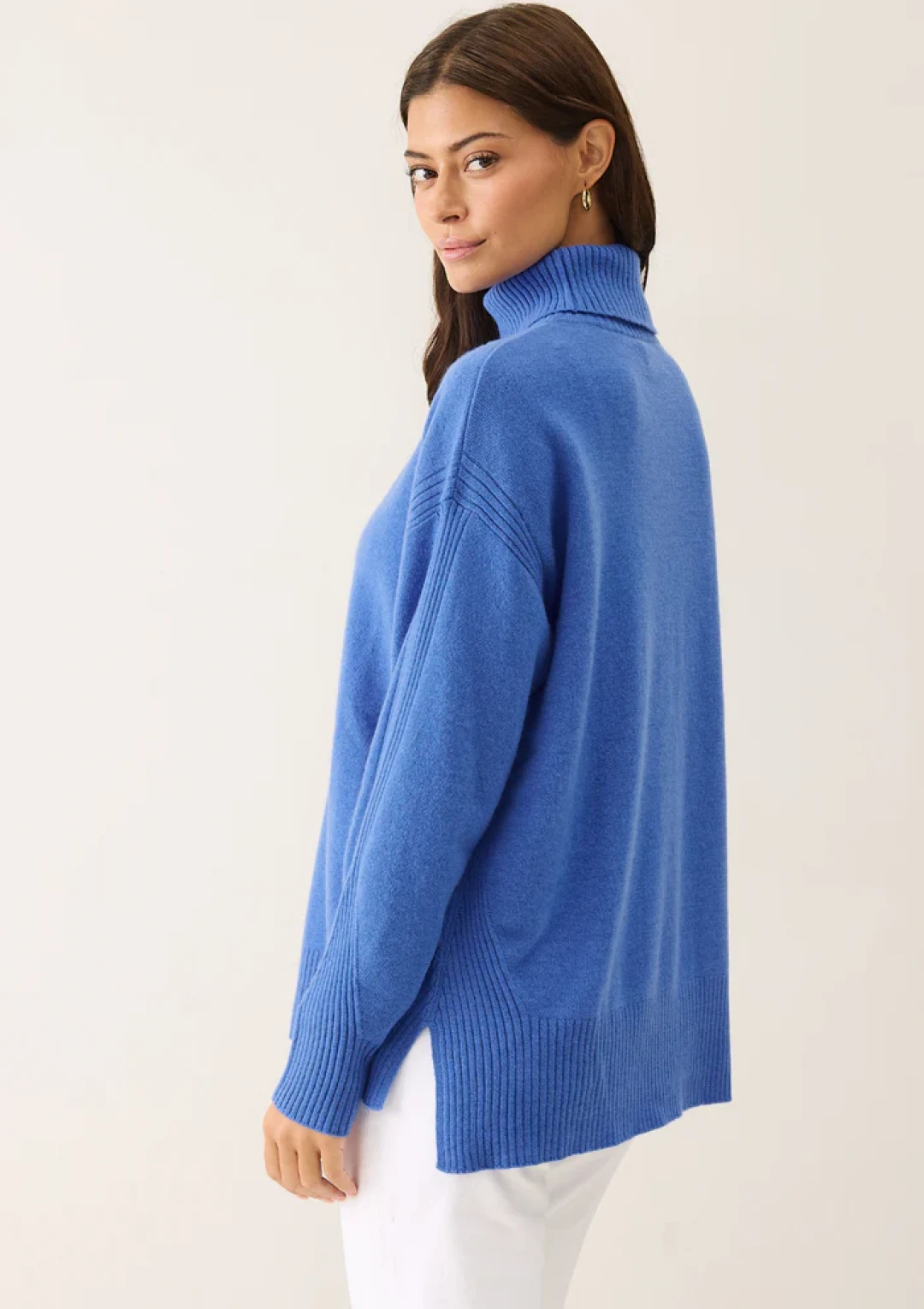 Chevron Detail Relaxed Polo Sweater in Lake Blue by LOOP Cashmere on curated-crowd.com