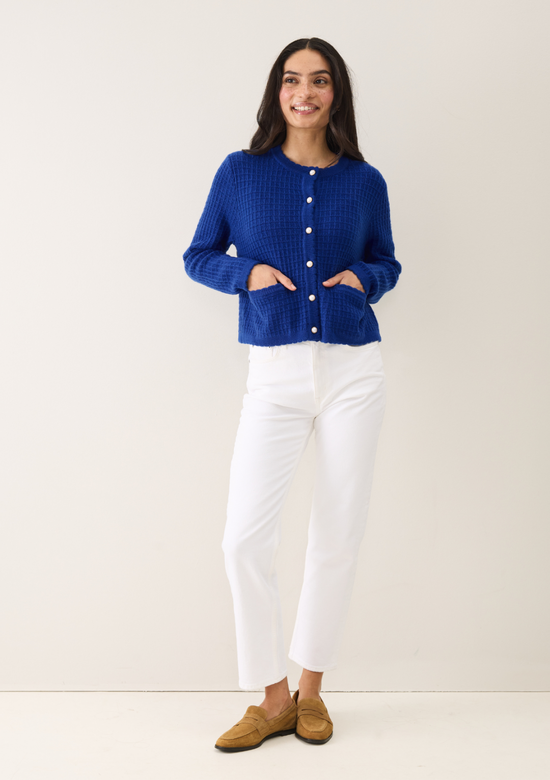 Crew Neck Cardigan in Lapis Blue by LOOP Cashmere on curated-crowd.com