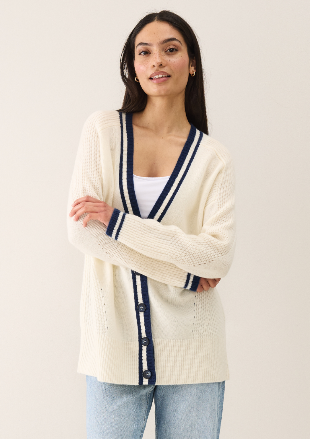 Striped Tipped V Neck Lofty Cardigan by LOOP Cashmere on curated-crowd.com