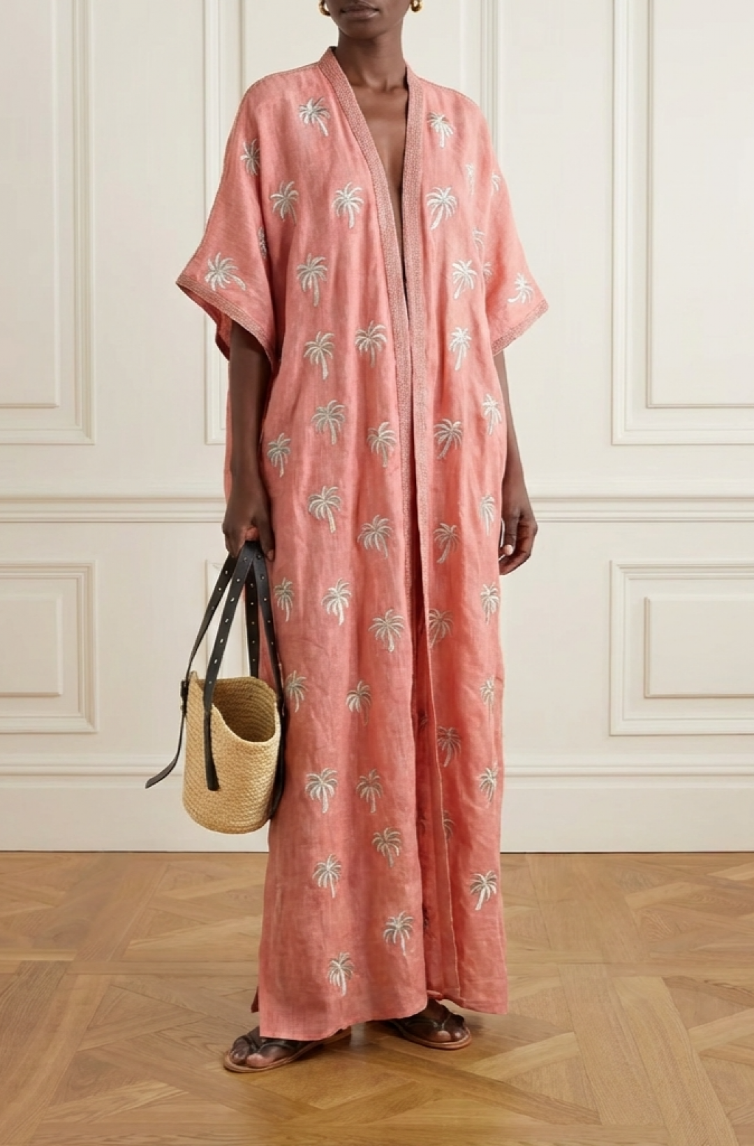 Gold Palm Trees Kaftan in Peach by Artwear Gallery on curated-crowd.com