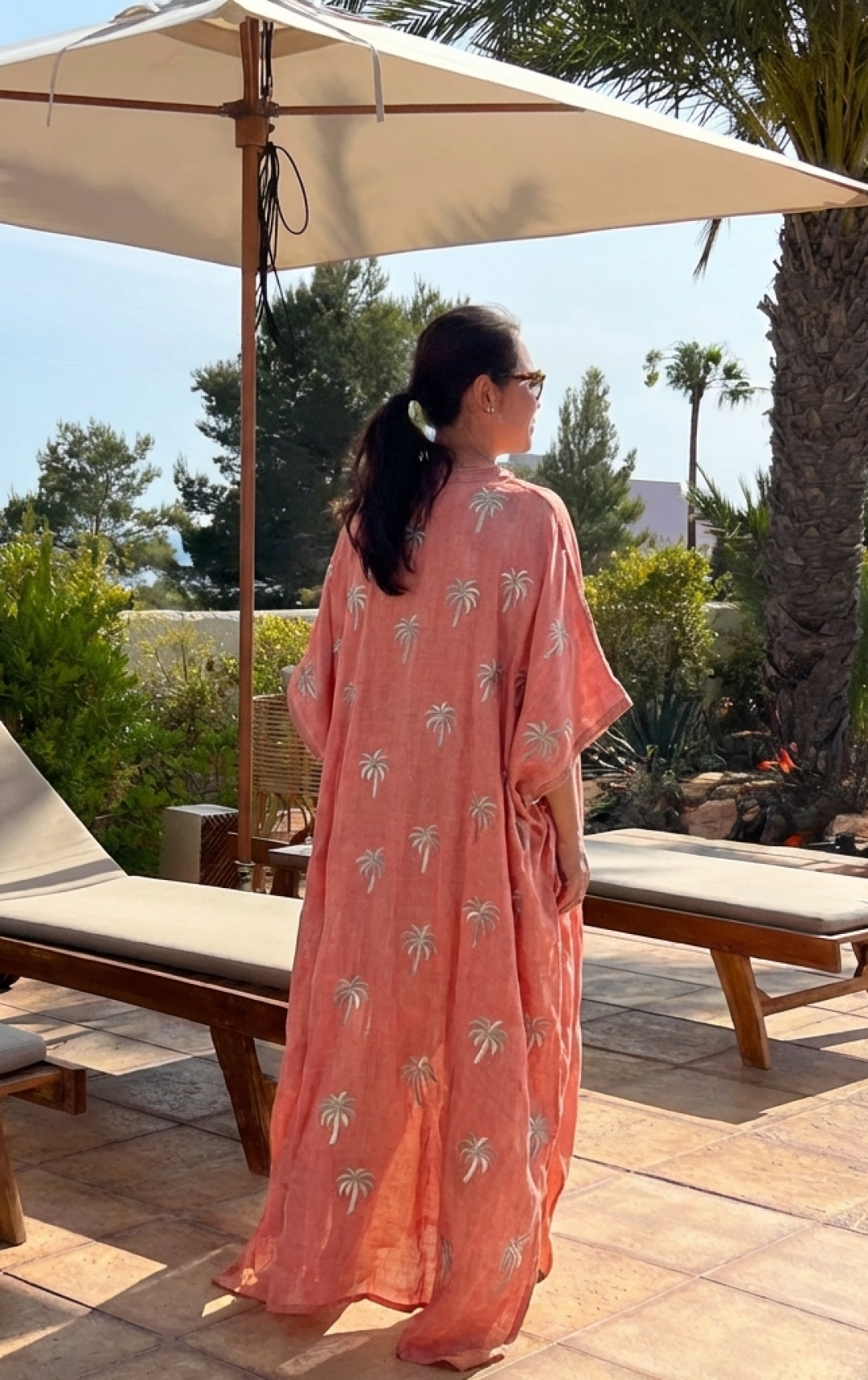Gold Palm Trees Kaftan in Peach by Artwear Gallery on curated-crowd.com