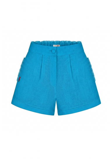 Azzure Blue Linen Shorts with Cuffs by Atelier Handmade on curated-crowd.com