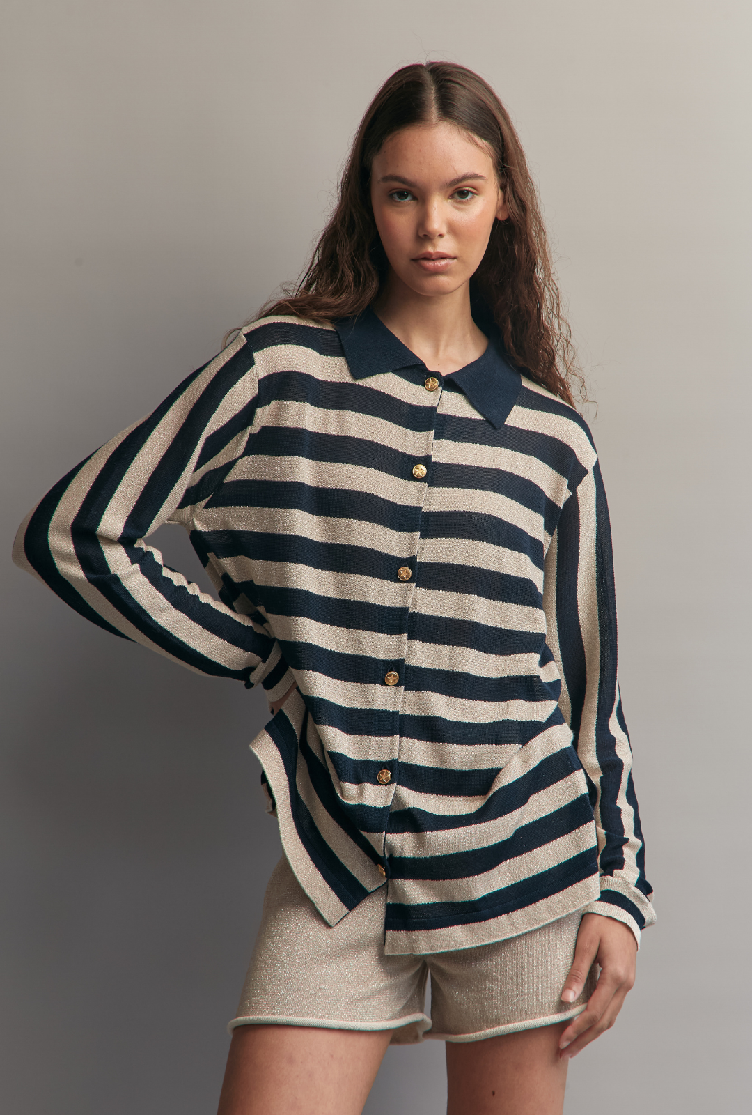 Sasha Cardigan Champagne/Navy by Fringe Mod on curated-crowd.com