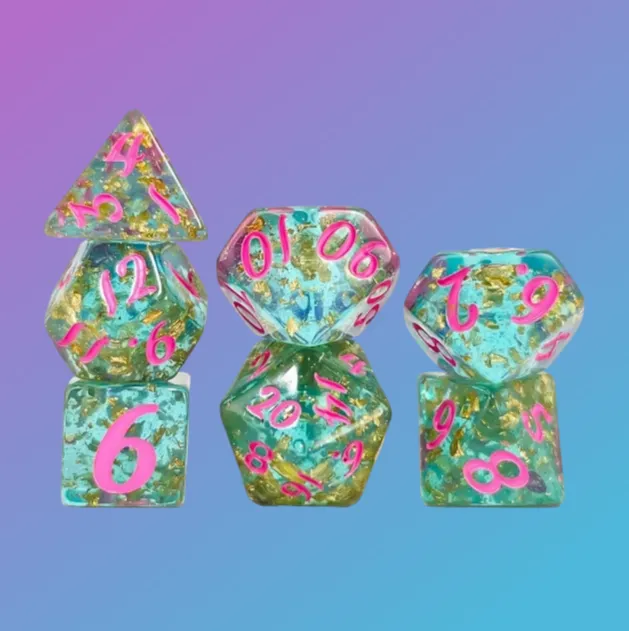 Mint Oasis Gold Leaf Polyhedral Dice Set (7-Piece) — Neon Pink & Teal