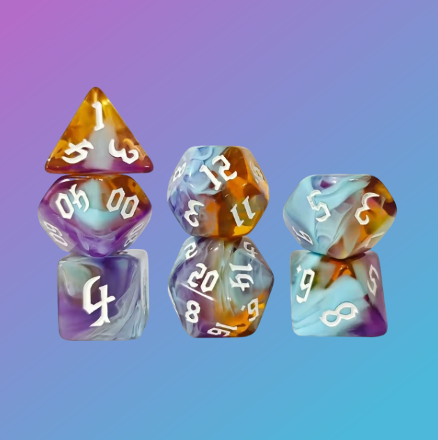 Mystic Amber & Amethyst Swirl Polyhedral Dice Set (7-Piece) - Silver & Translucent Pastel