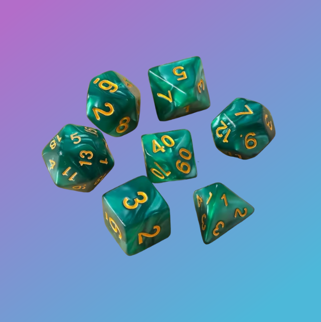 Emerald Swirl Polyhedral Dice Set (7-Piece) — Forest Green & Gold