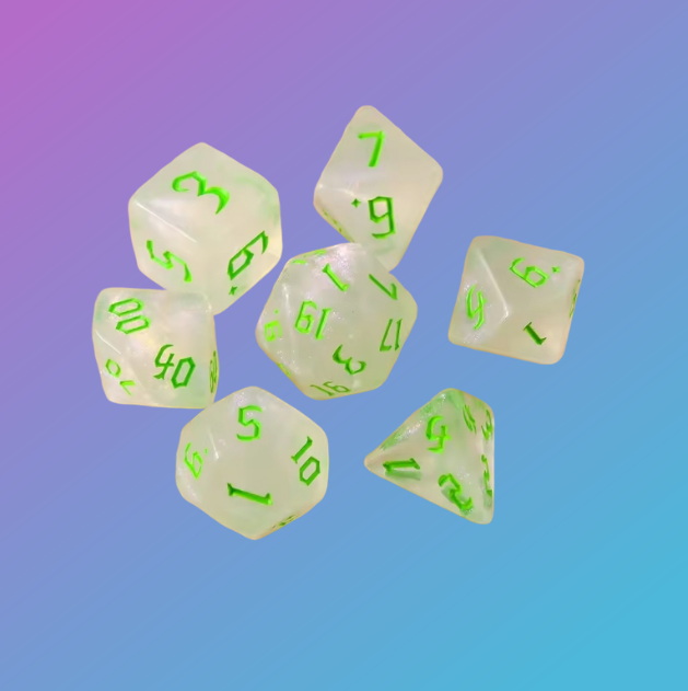 Luminous Frost Polyhedral Dice Set (7-Piece) — Translucent White & Emerald Green