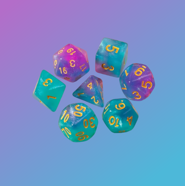 Galaxy Glow Polyhedral Dice Set (7-Piece) — Iridescent & Gold