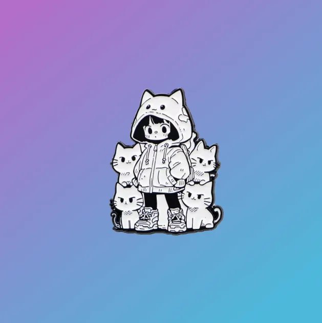 Black & White Manga Cat Girl Enamel Pin Badge