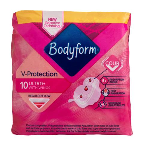 Bodyform Normal Ultra Towel with Wings, New Cour-V Adaptive Technology 10pk