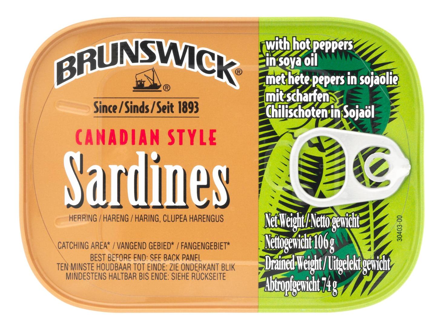 Brunswick Canadian Style Sardines with Hot Pepper in Soya Oil