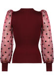 Burgundy Polka Dots Mesh Sleeves Ribbed Jumper
