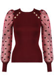 Burgundy Polka Dots Mesh Sleeves Ribbed Jumper