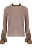 Taupe Pearl With Animal Print Ribbed Jumper