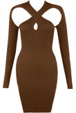 Brown Ribbed Knit Cut Out Mini Dress