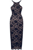 Navy Floral Lace & Nude Muscle Back Midi Dress