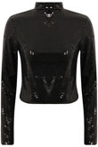 Black Sequin Turtle Neck Cropped Zip Top