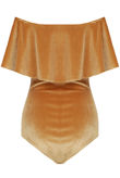 Mustard Velvet Textured Off Shoulder Frill Bodysuit