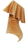 Mustard Velvet Textured Off Shoulder Frill Bodysuit