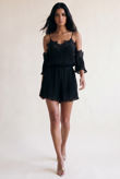 Pleated Lace Trim Cold Shoulder Playsuit In Black