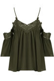 Khaki Embroidery Textured Cut Out Shoulder Tops