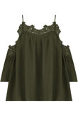 Khaki Embroidery Textured Cut Out Shoulder Tops