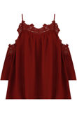 Burgundy Embroidery Textured Cut Out Shoulder Tops
