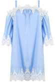 Blue Off Shoulder Embroidered Shift Dress