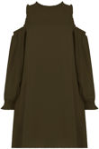 Khaki Cold Shoulder Back Button Up Shift Dress