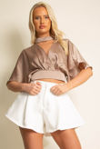 Taupe Satin Pleated Choker Neck Crop Top